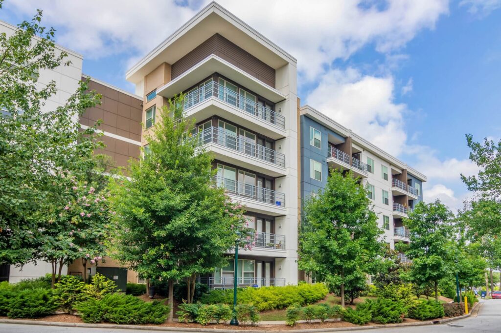 Exterior of residential building with trees and vegetation