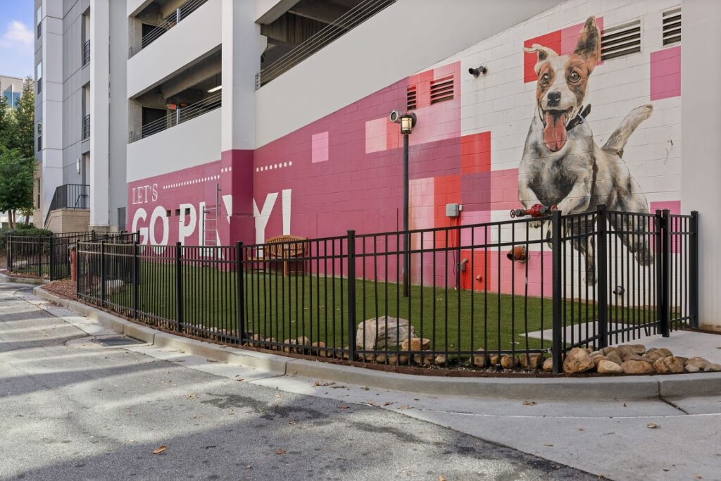 A mural of a happy, jumping dog on a pink and white wall labeled Lets Go Play! above a fenced-in turf dog park.