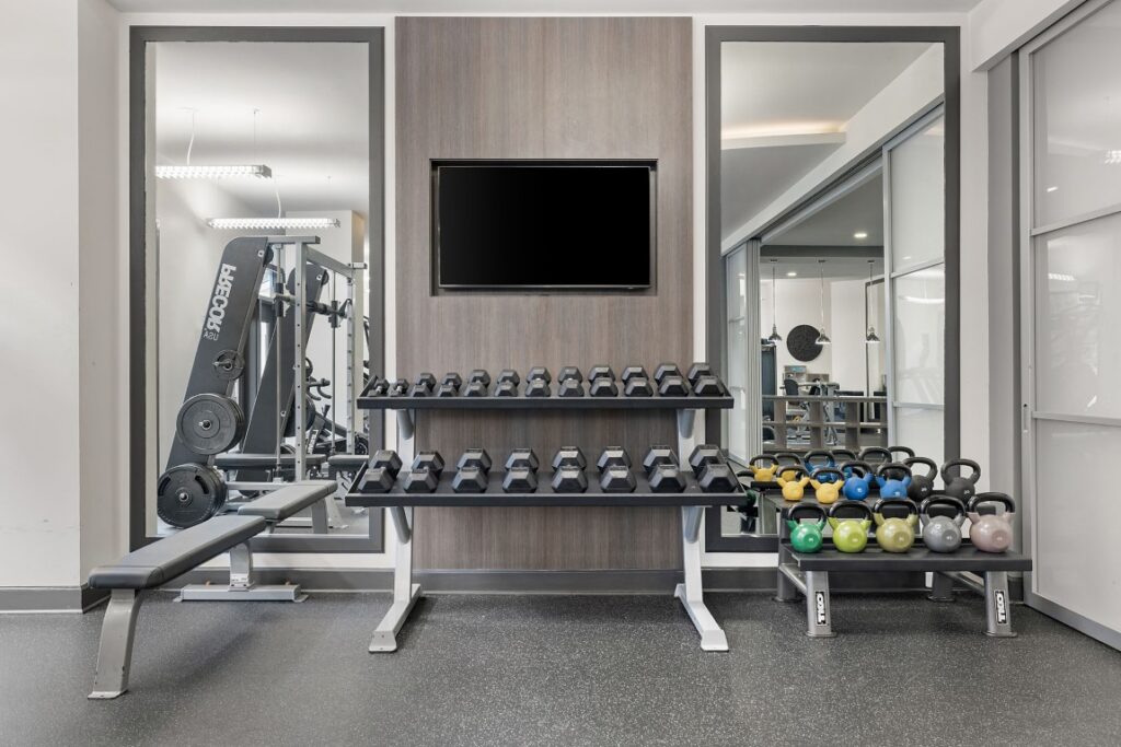 A gym wall with a mounted television above two racks of dumbbells and a bench of kettlebells, flanked by large mirrors and a weight machine.