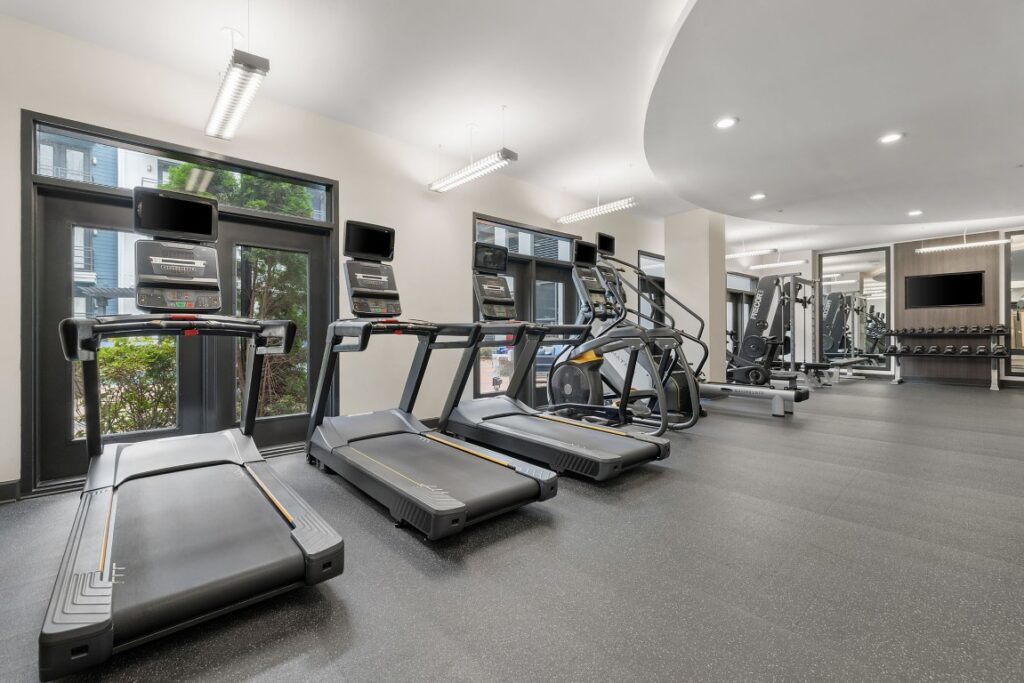 A gym featuring a row of treadmills facing a glass door, with elliptical machines and a weight rack further back in the room.